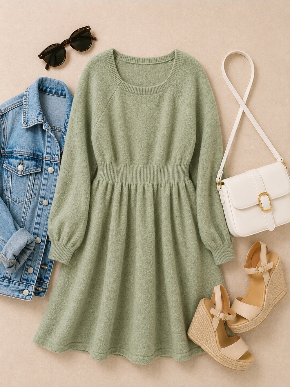 Women’s' Sage Green Sweater Dress Midi with Gathered Waist
